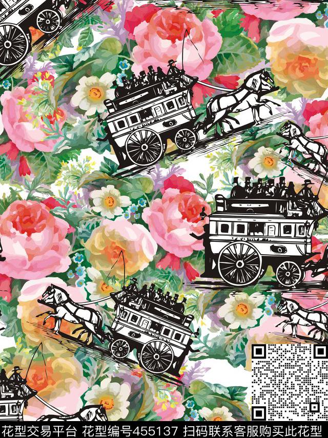 油画复古分色花卉马车传统印花华亿平台下载（图片编号: 455137） - 瓦栏（Walan）