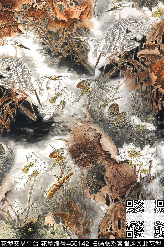 中国画荷花古典数码印花华亿平台下载（图片编号: 455142） - 瓦栏（Walan）