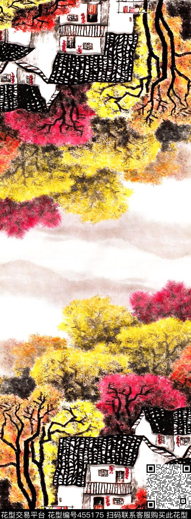 中国风秋天山村数码印花华亿平台下载（图片编号: 455175） - 瓦栏（Walan）