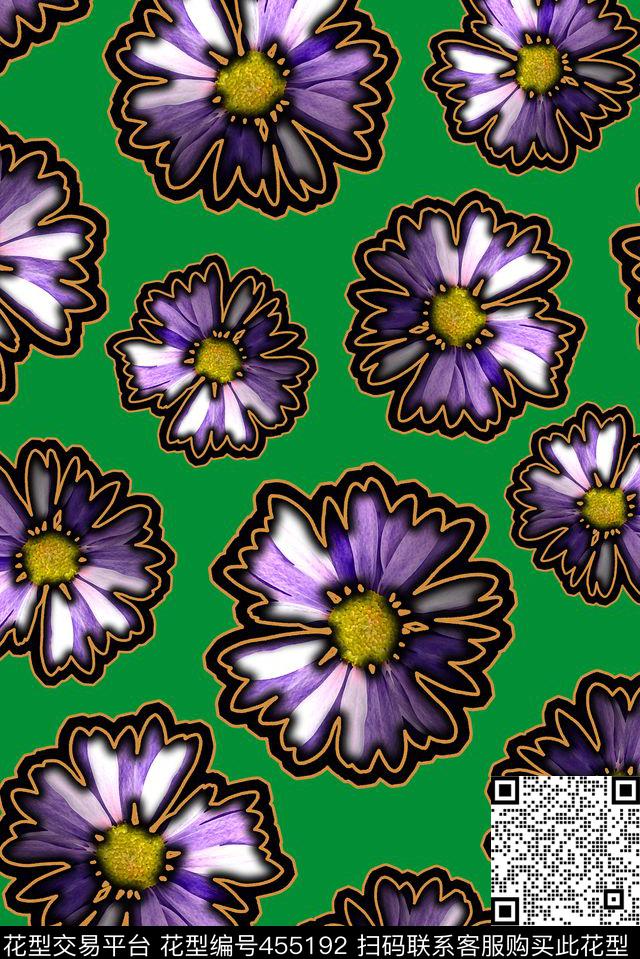 小清新创意描边手绘花朵时尚潮流数码印花华亿平台下载（图片编号: 455192） - 瓦栏（Walan）
