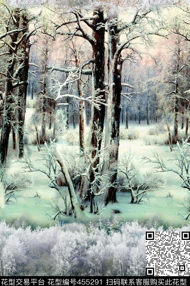 雪景树林冬季树林数码印花华亿平台下载（图片编号: 455291） - 瓦栏（Walan）
