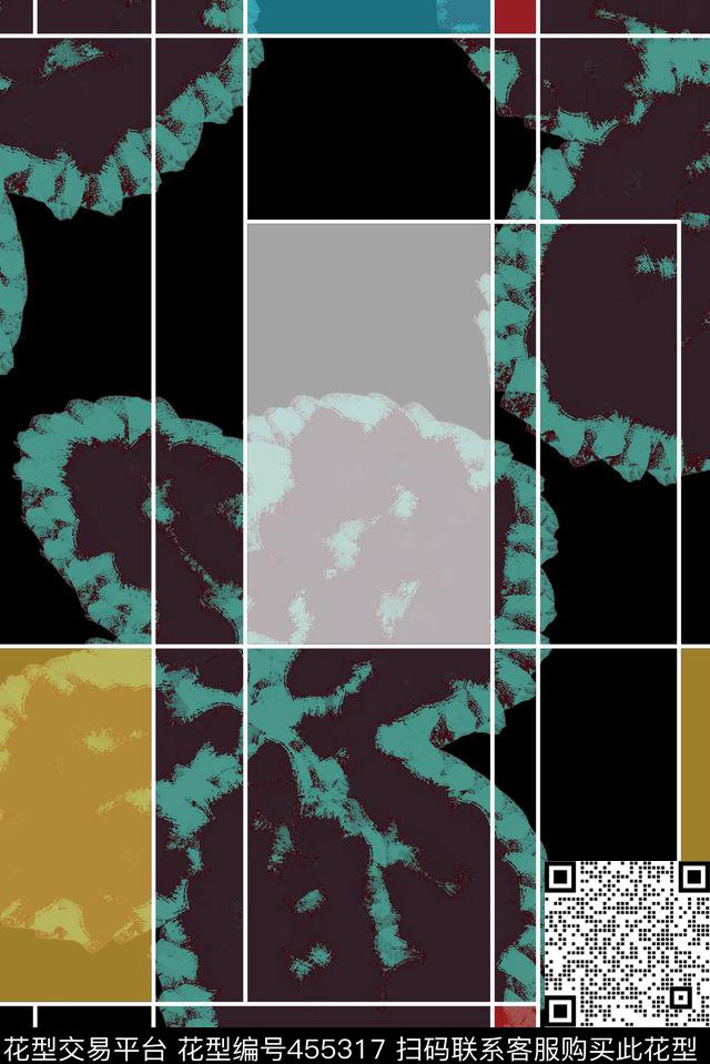 流行前卫时尚油画笔触花朵加透明色块数码印花华亿平台下载（图片编号: 455317） - 瓦栏（Walan）