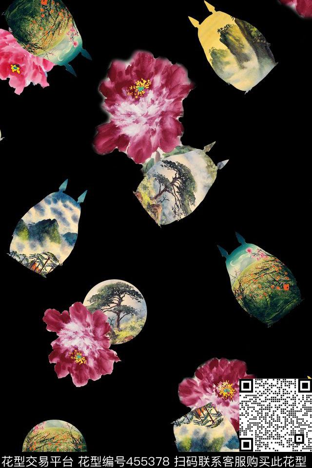 水墨花卉几何数码印花华亿平台下载（图片编号: 455378） - 瓦栏（Walan）