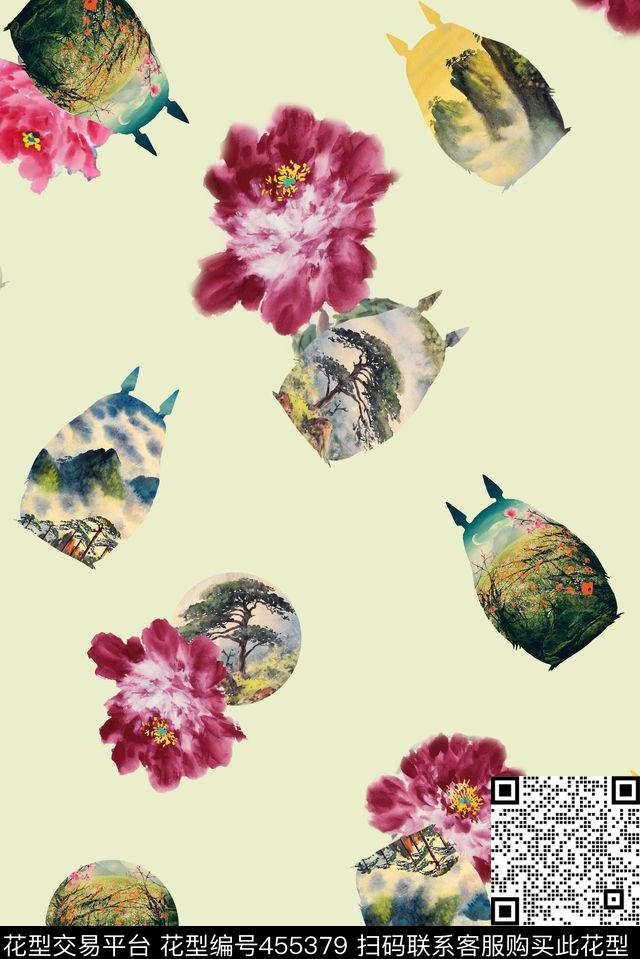 水墨花卉几何数码印花华亿平台下载（图片编号: 455379） - 瓦栏（Walan）