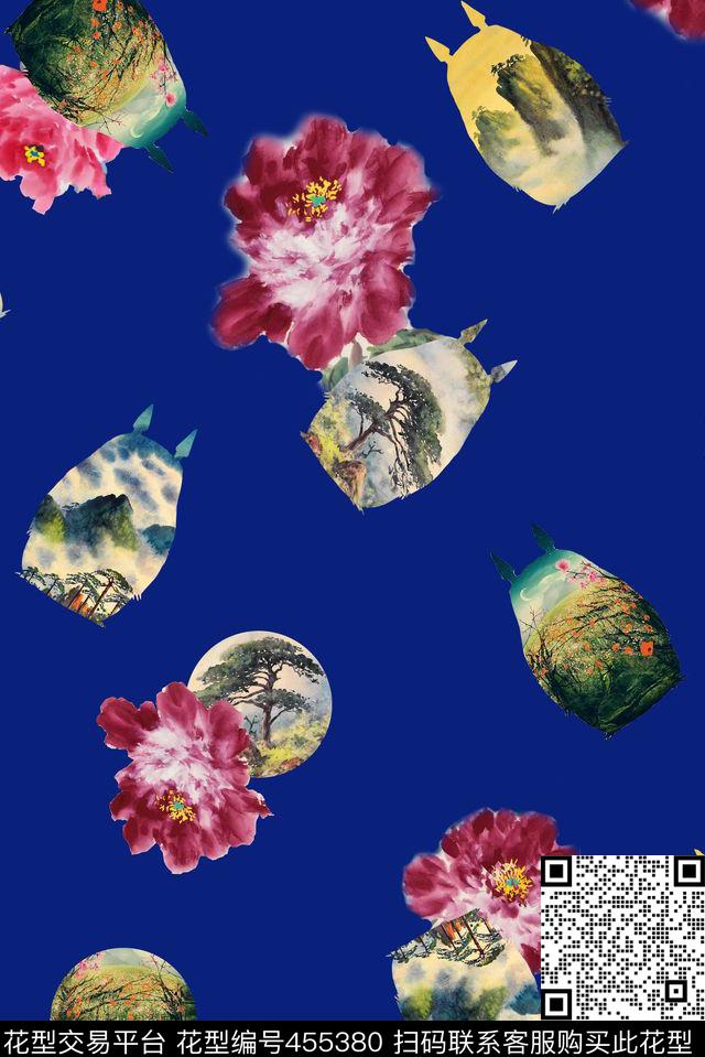 水墨花卉几何数码印花华亿平台下载（图片编号: 455380） - 瓦栏（Walan）