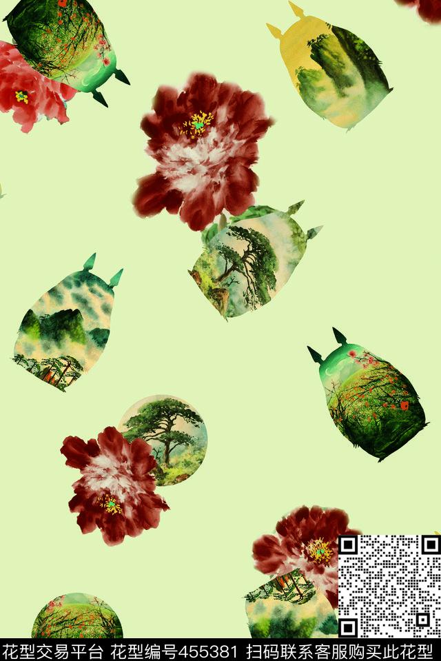 水墨花卉几何数码印花华亿平台下载（图片编号: 455381） - 瓦栏（Walan）