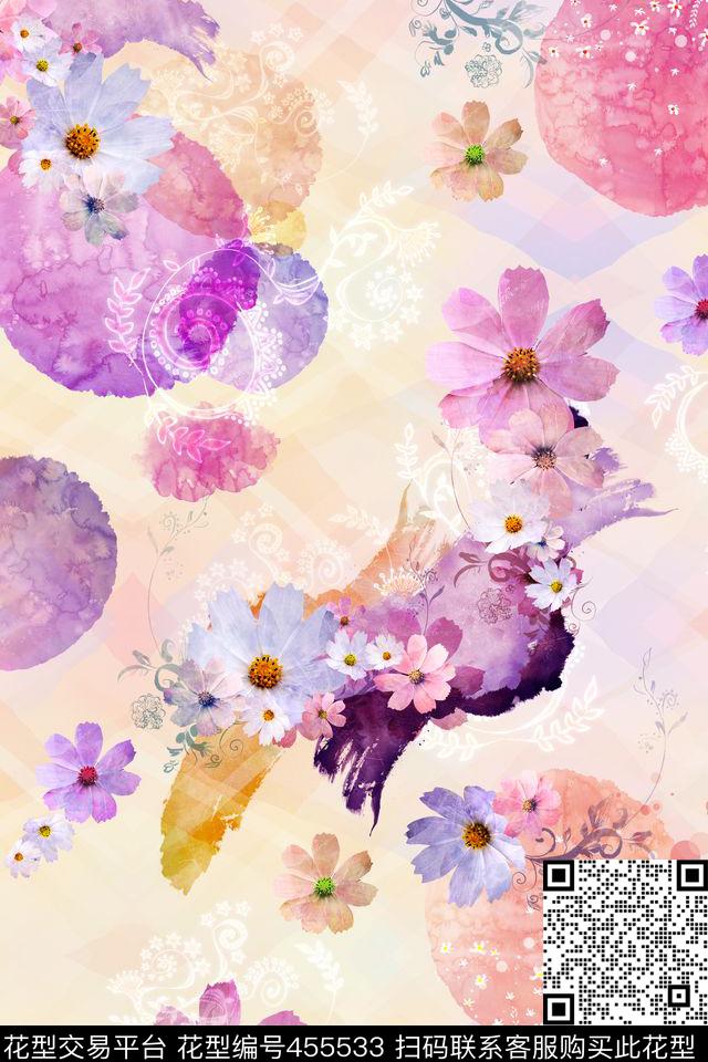 方格底纹花卉墨迹花数码印花华亿平台下载（图片编号: 455533） - 瓦栏（Walan）