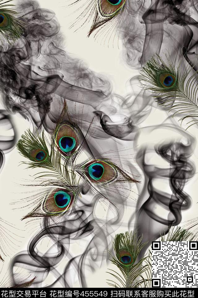 抽象烟雾孔雀羽毛时尚大牌数码印花华亿平台下载（图片编号: 455549） - 瓦栏（Walan）