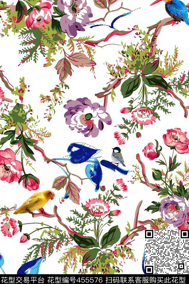 鸟儿日韩风手绘花卉传统印花华亿平台下载（图片编号: 455576） - 瓦栏（Walan）
