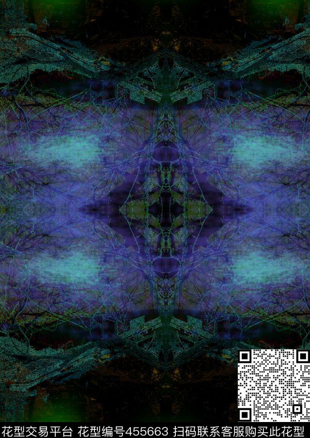 树枝夜晚蓝色数码印花华亿平台下载（图片编号: 455663） - 瓦栏（Walan）