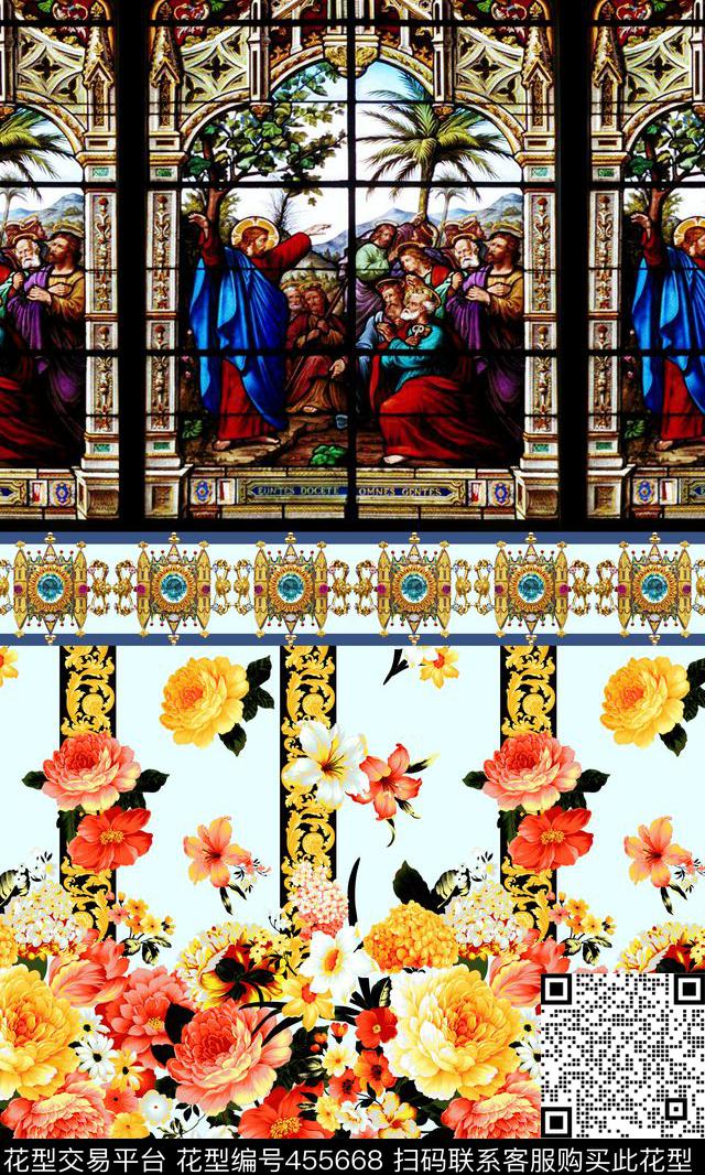 欧式宫廷人物复古花卉金色花边数码印花华亿平台下载（图片编号: 455668） - 瓦栏（Walan）