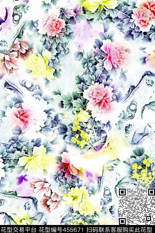 中国风中国花鸟画四方连续数码印花华亿平台下载（图片编号: 455671） - 瓦栏（Walan）