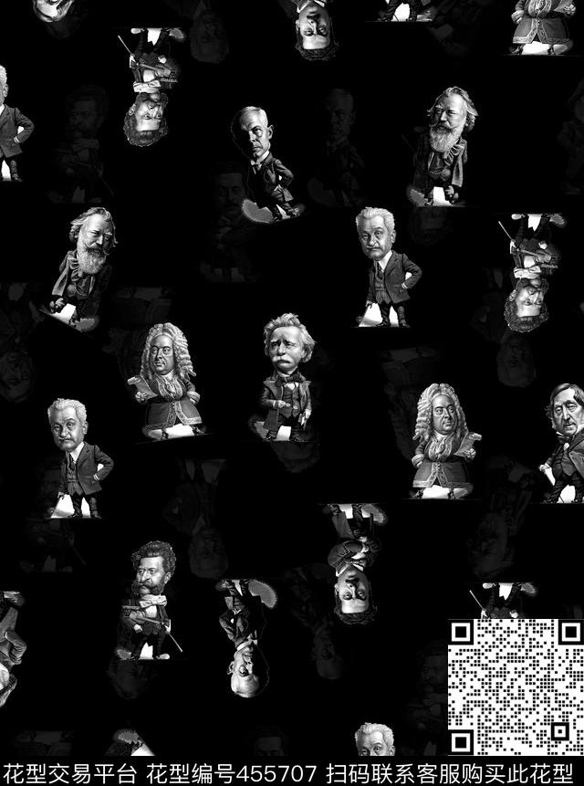 个性男装黑白卡通数码印花华亿平台下载（图片编号: 455707） - 瓦栏（Walan）