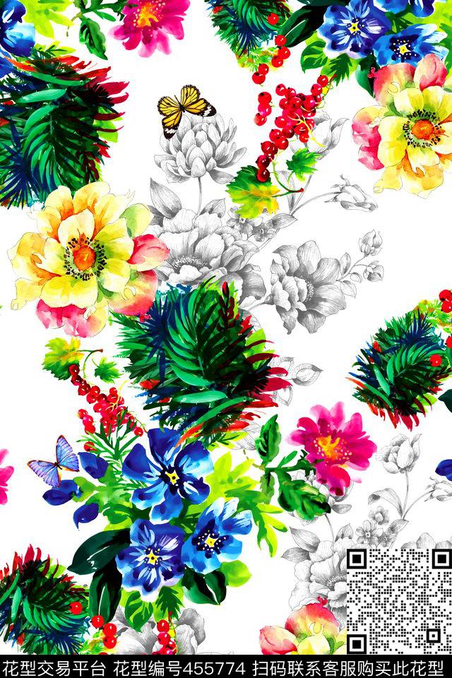 时尚水彩花卉数码印花华亿平台下载（图片编号: 455774） - 瓦栏（Walan）
