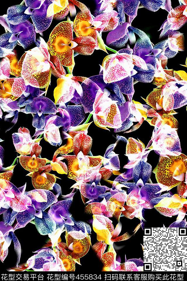 多彩兰花花卉数码印花华亿平台下载（图片编号: 455834） - 瓦栏（Walan）