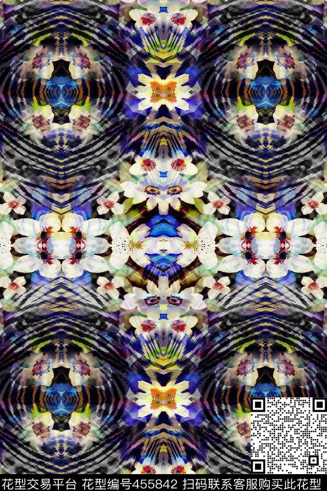 对称镜像花卉数码印花华亿平台下载（图片编号: 455842） - 瓦栏（Walan）