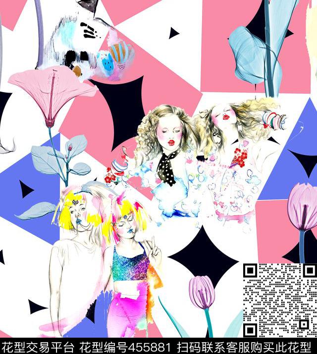波普时尚潮流流行插画女性时装画服装设计画几何线描画铅笔画射线花叠加冲突数码印花华亿平台下载（图片编号: 455881） - 瓦栏（Walan）