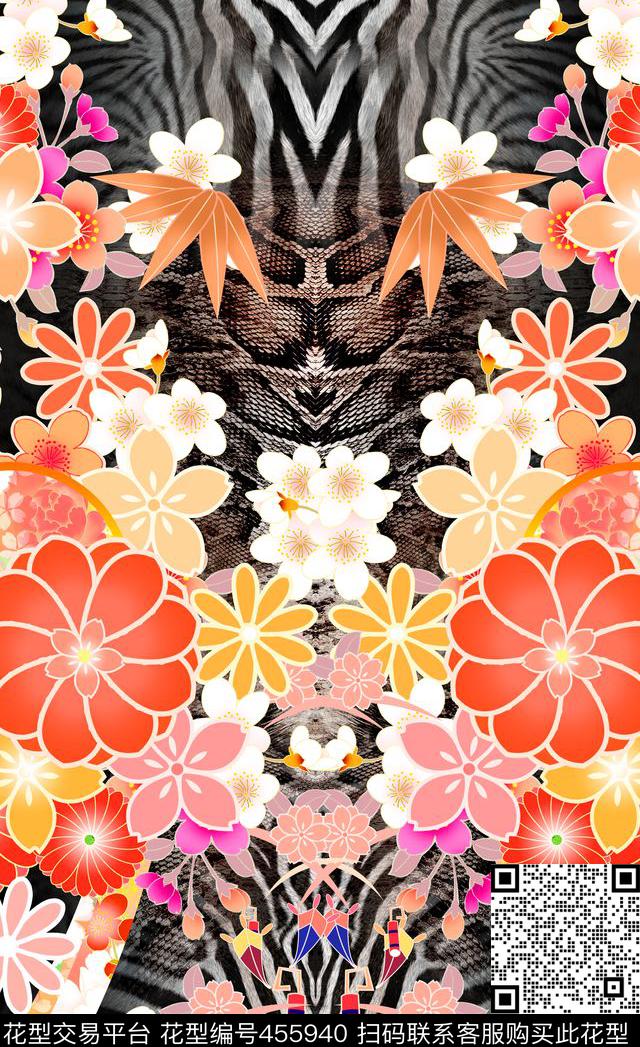 斑马纹定位印花风格花卉数码印花华亿平台下载（图片编号: 455940） - 瓦栏（Walan）