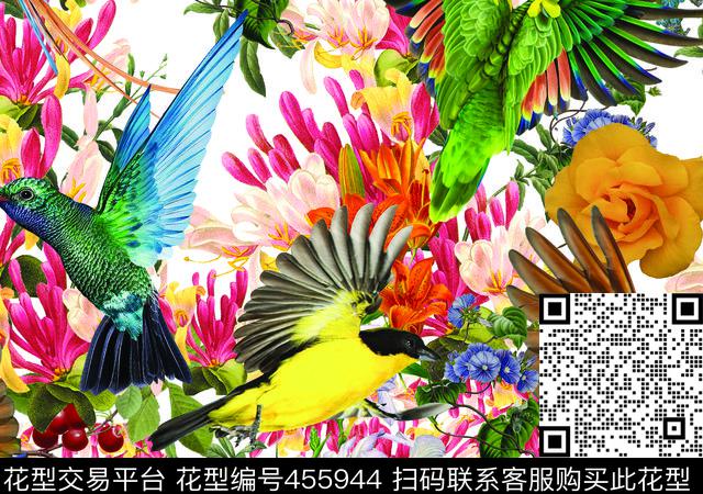 花丛鸟热带动植物数码印花华亿平台下载（图片编号: 455944） - 瓦栏（Walan）