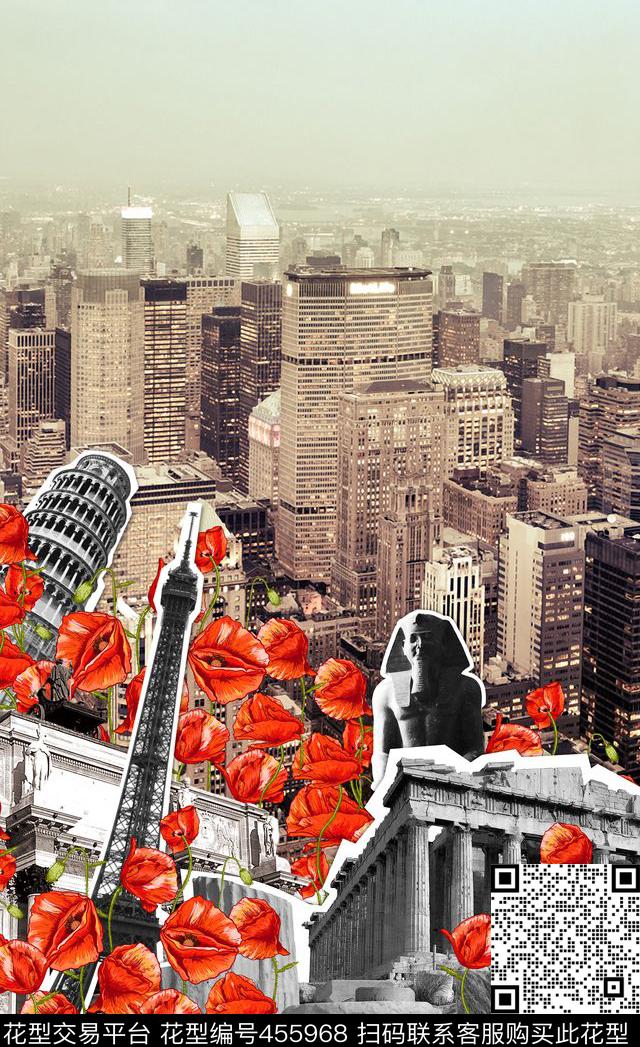 埃菲尔铁塔创意花卉数码印花华亿平台下载（图片编号: 455968） - 瓦栏（Walan）