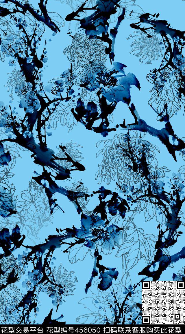 创意服装工笔白描花卉数码印花华亿平台下载（图片编号: 456050） - 瓦栏（Walan）