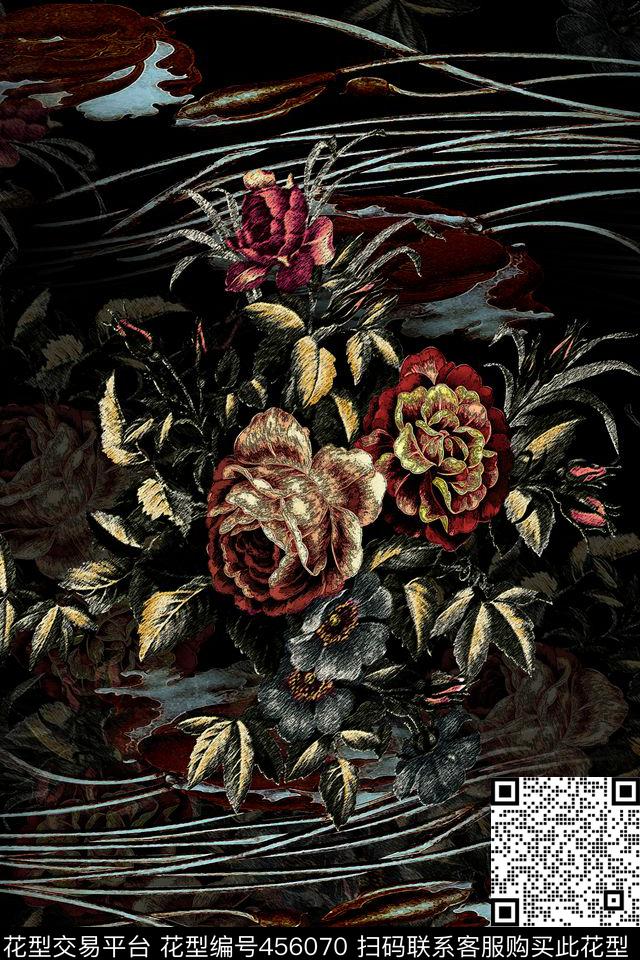复古花卉旗袍华亿平台花卉数码印花华亿平台下载（图片编号: 456070） - 瓦栏（Walan）