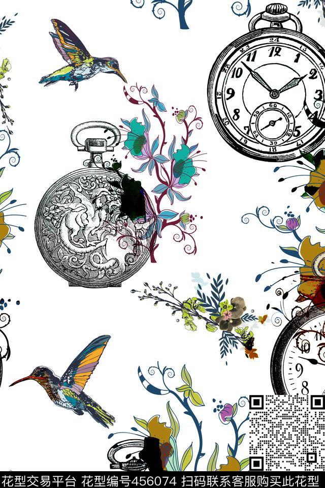 花鸟怀表男士衬衫休闲复古数码印花华亿平台下载（图片编号: 456074） - 瓦栏（Walan）