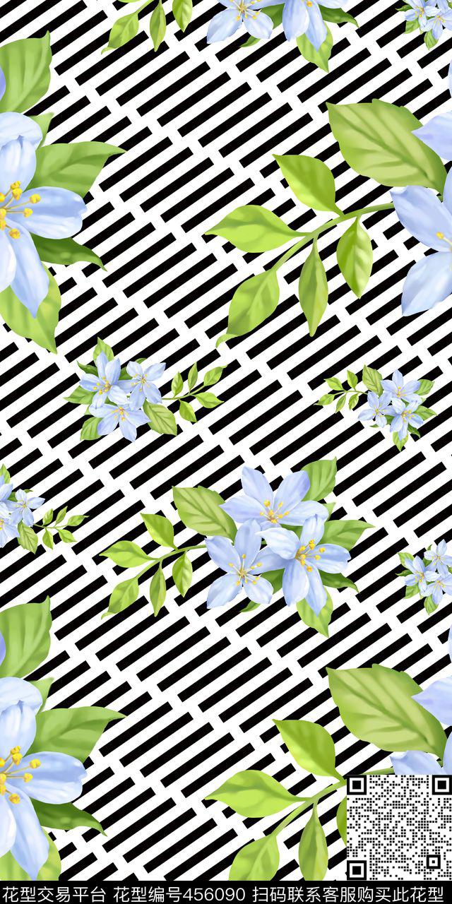 黑白条花朵几何图形数码印花华亿平台下载（图片编号: 456090） - 瓦栏（Walan）