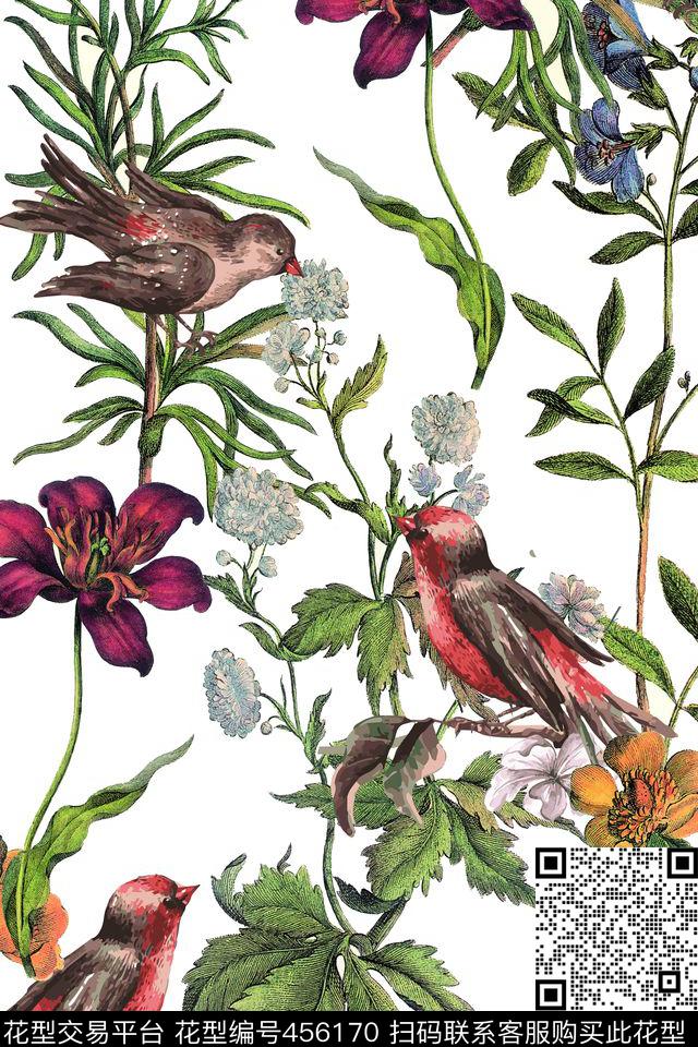 大牌花鸟手绘数码印花华亿平台下载（图片编号: 456170） - 瓦栏（Walan）