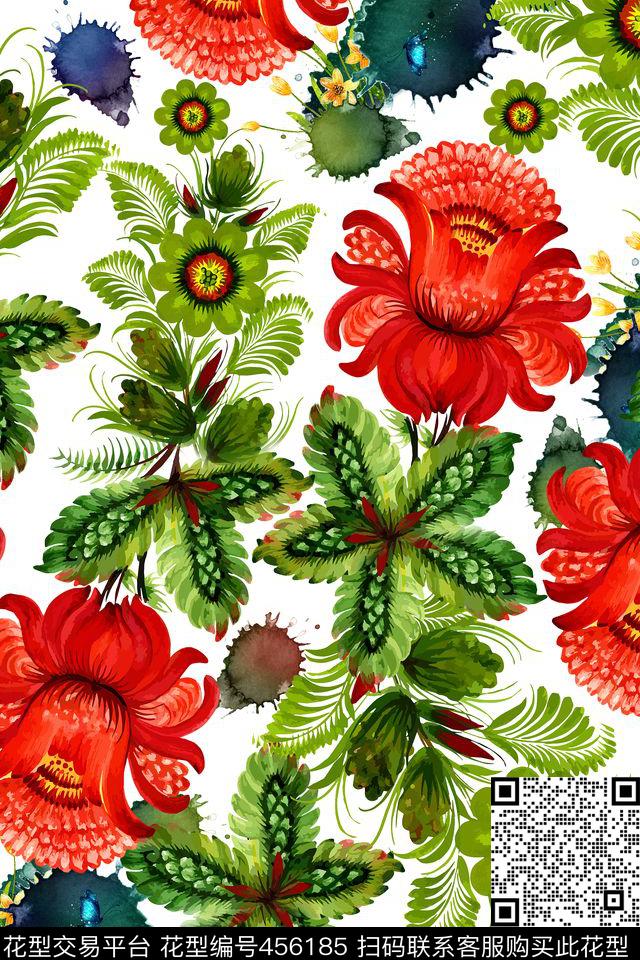 红花花卉绿色数码印花华亿平台下载（图片编号: 456185） - 瓦栏（Walan）