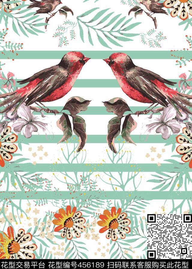 热带风情小鸟花卉传统印花华亿平台下载（图片编号: 456189） - 瓦栏（Walan）