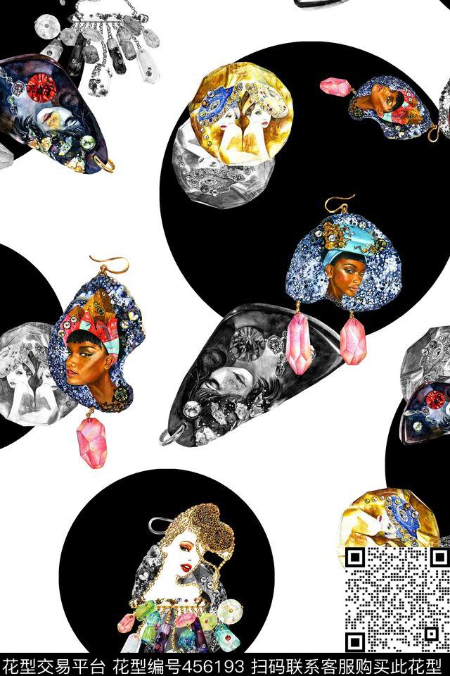 几何黑白圆点时尚人物珠宝数码印花华亿平台下载（图片编号: 456193） - 瓦栏（Walan）