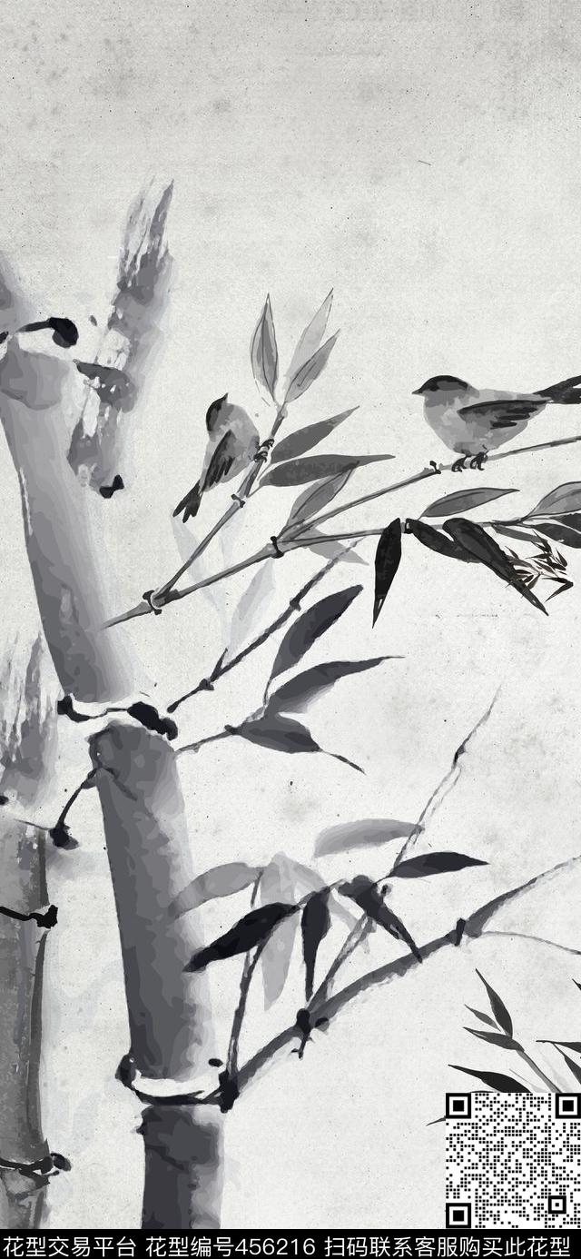 高清水墨小鸟数码印花华亿平台下载（图片编号: 456216） - 瓦栏（Walan）