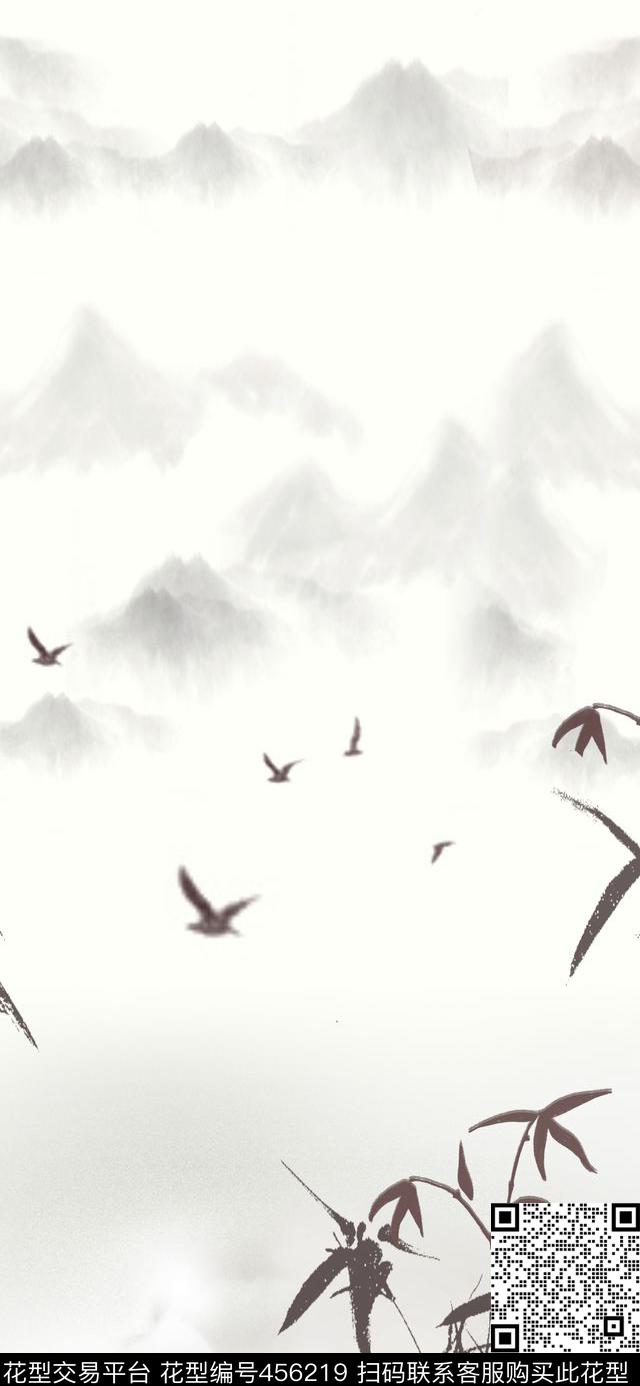 山水墨叶子数码印花华亿平台下载（图片编号: 456219） - 瓦栏（Walan）