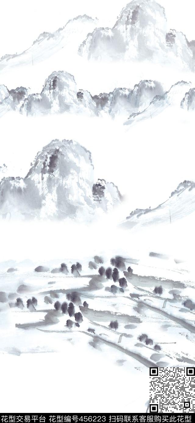 山水水墨叶子数码印花华亿平台下载（图片编号: 456223） - 瓦栏（Walan）
