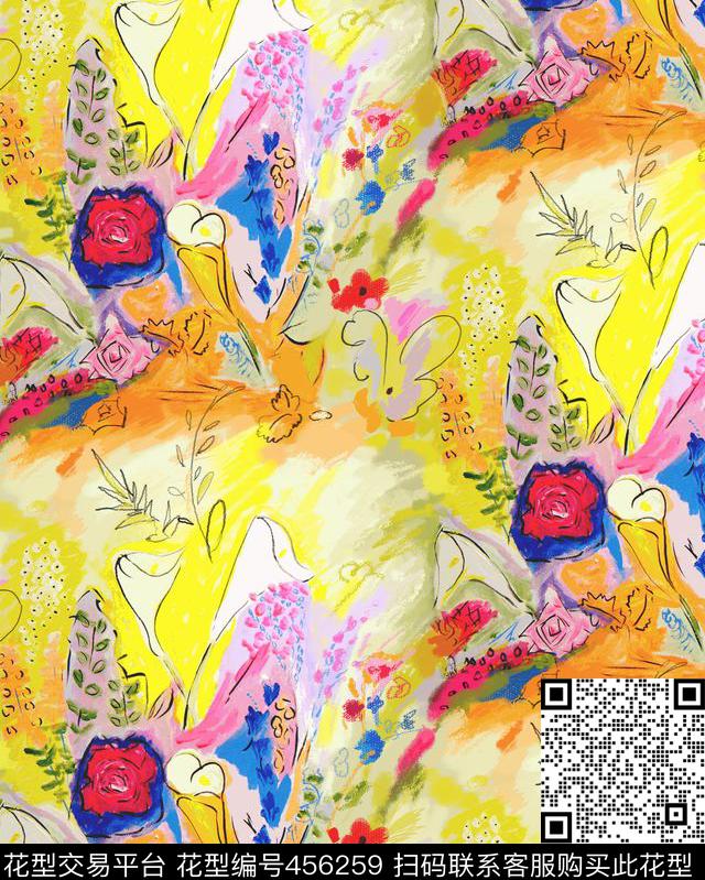 笔触抽象花卉数码印花华亿平台下载（图片编号: 456259） - 瓦栏（Walan）