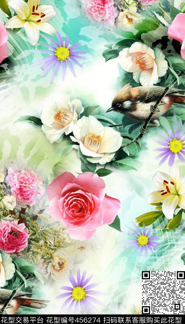清新时尚花鸟数码印花华亿平台下载（图片编号: 456274） - 瓦栏（Walan）