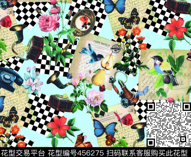 欧式宫廷风格子花卉古典乐器数码印花华亿平台下载（图片编号: 456275） - 瓦栏（Walan）