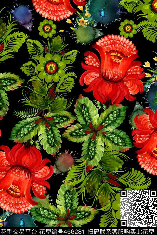 红花花卉绿色数码印花华亿平台下载（图片编号: 456281） - 瓦栏（Walan）