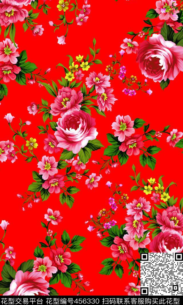 手绘花卉组合手绘花、红底、富贵数码印花华亿平台下载（图片编号: 456330） - 瓦栏（Walan）