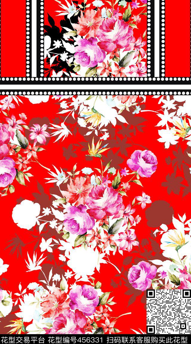 手绘花卉定位组合条纹手绘花卉、红底数码印花华亿平台下载（图片编号: 456331） - 瓦栏（Walan）