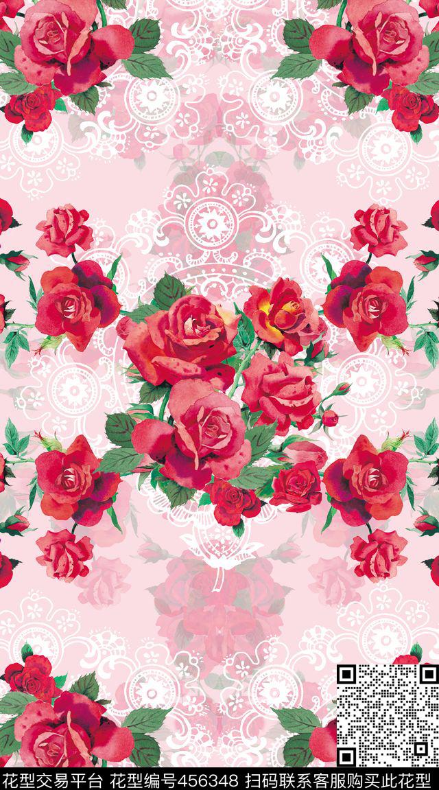 简约清新定位玫瑰花卉蕾丝底纹传统印花华亿平台下载（图片编号: 456348） - 瓦栏（Walan）