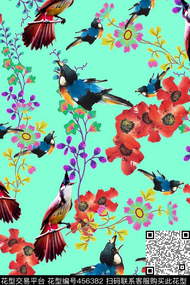 花卉散花小鸟数码印花华亿平台下载（图片编号: 456382） - 瓦栏（Walan）