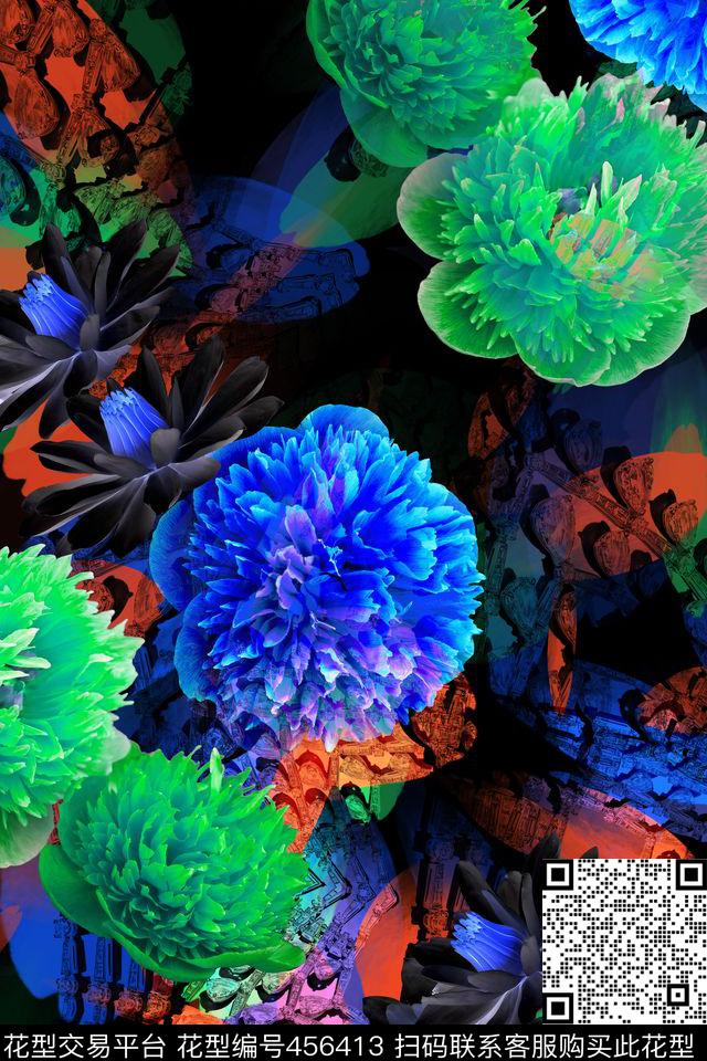 花卉哥特风明艳数码印花华亿平台下载（图片编号: 456413） - 瓦栏（Walan）