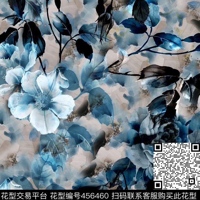 花卉泼墨水墨数码印花华亿平台下载（图片编号: 456460） - 瓦栏（Walan）