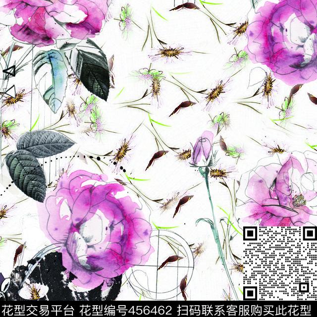 水墨花卉手绘花草数码印花华亿平台下载（图片编号: 456462） - 瓦栏（Walan）
