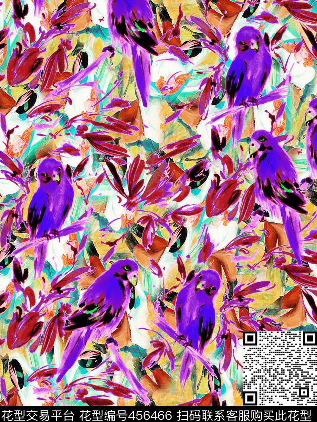 涂鸦背景手绘鸟儿色彩数码印花华亿平台下载（图片编号: 456466） - 瓦栏（Walan）