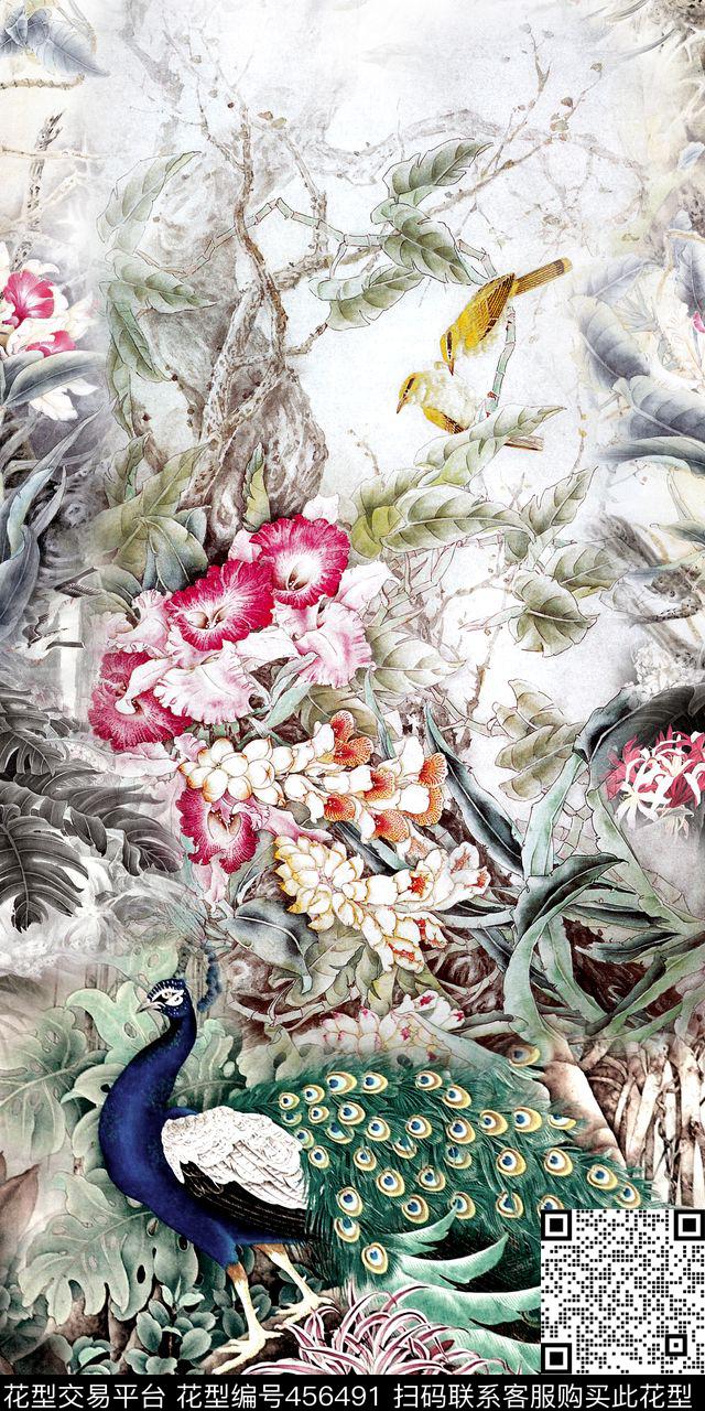 中国风孔雀风景数码印花华亿平台下载（图片编号: 456491） - 瓦栏（Walan）