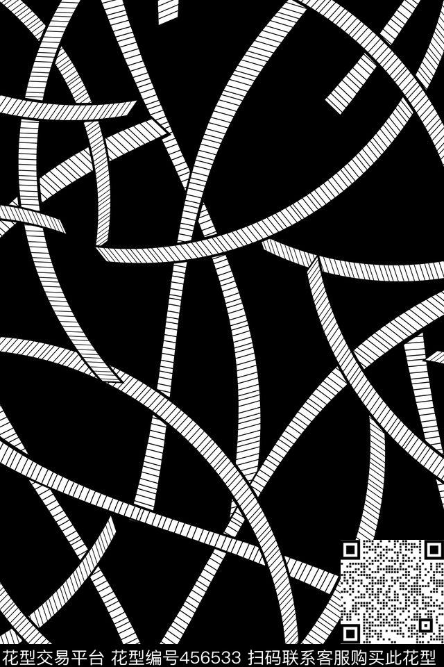 几何线条抽象弯曲黑白经典传统印花华亿平台下载（图片编号: 456533） - 瓦栏（Walan）