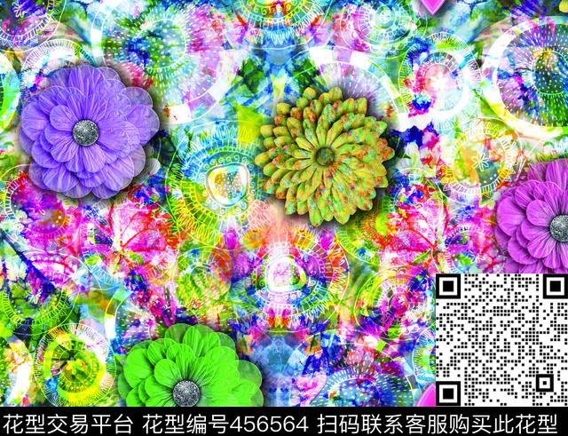 抽象花卉圆圈几何图案数码印花华亿平台下载（图片编号: 456564） - 瓦栏（Walan）